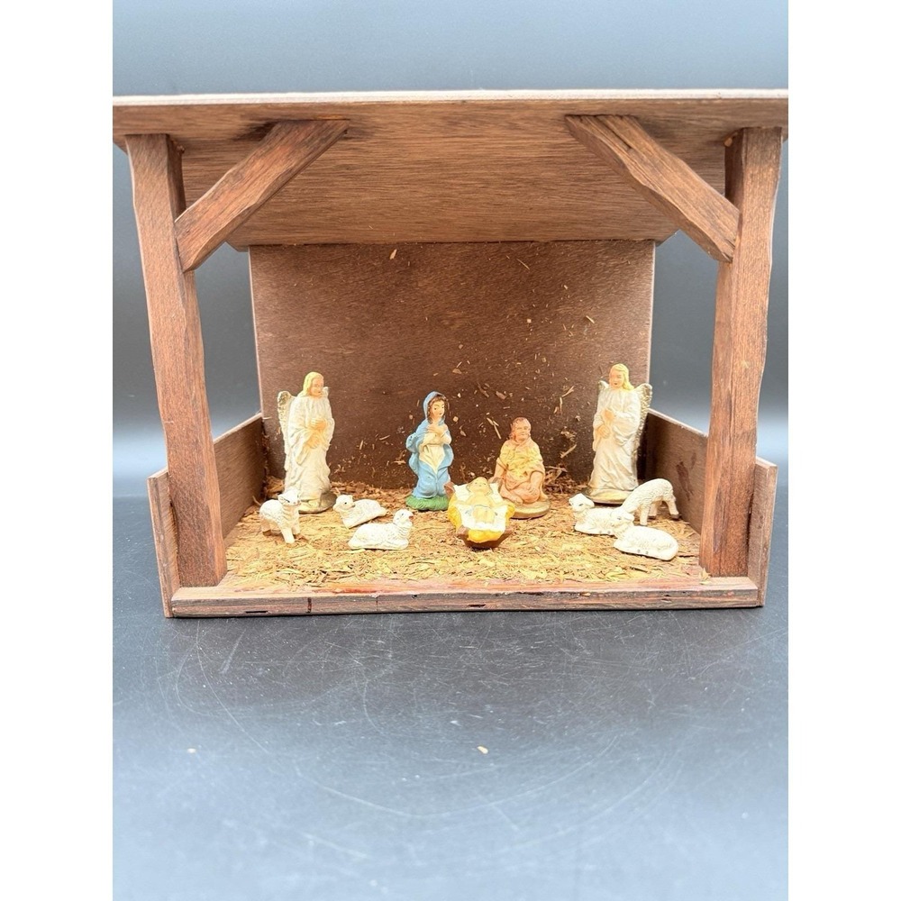 Vintage Christmas Nativity Figures and Stable Scene